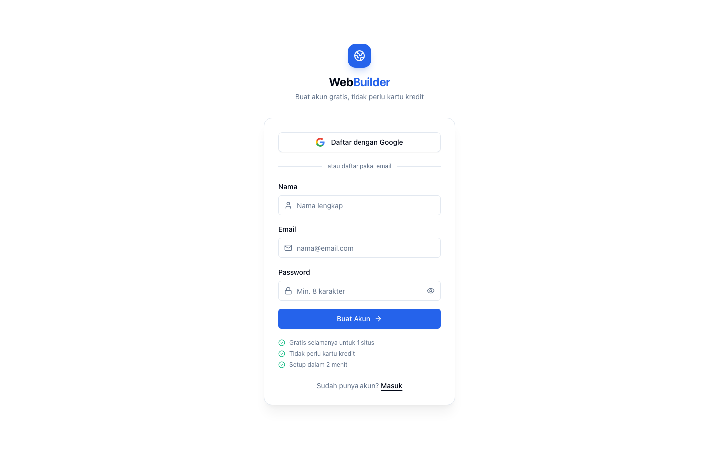 Halaman Daftar — 4 field: nama, email, password, konfirmasi password