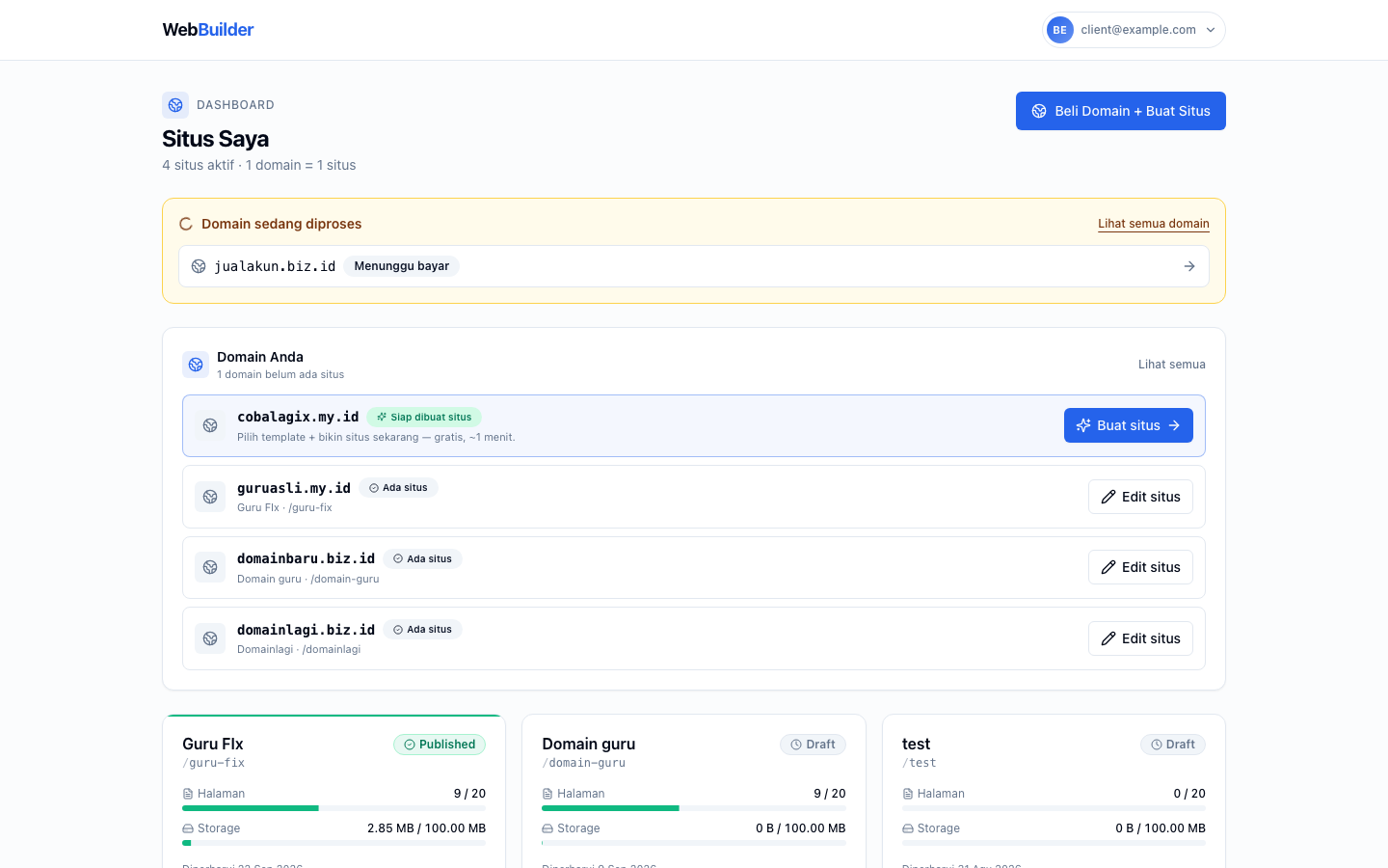 Dashboard klien dengan CTA "Beli Domain + Buat Situs"