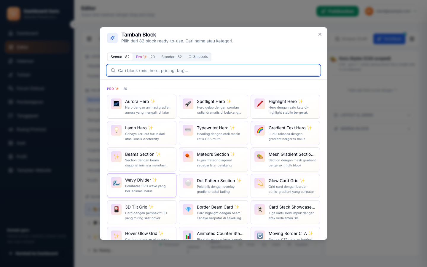 Palette blok — 100+ block searchable, tab Pro/Standar/Snippets