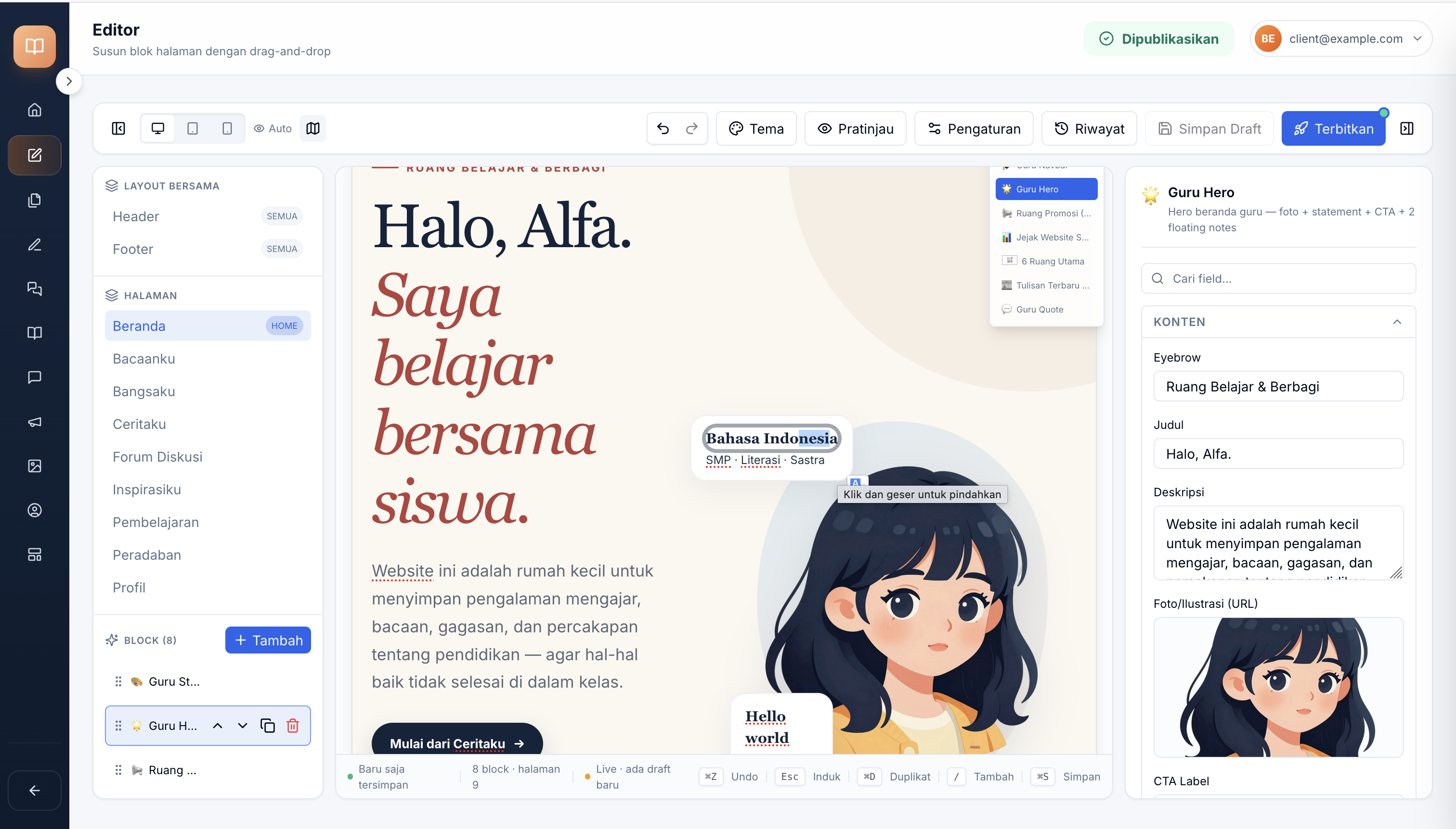 Ghost badge saat drag blok — pill kecil dengan emoji + nama blok