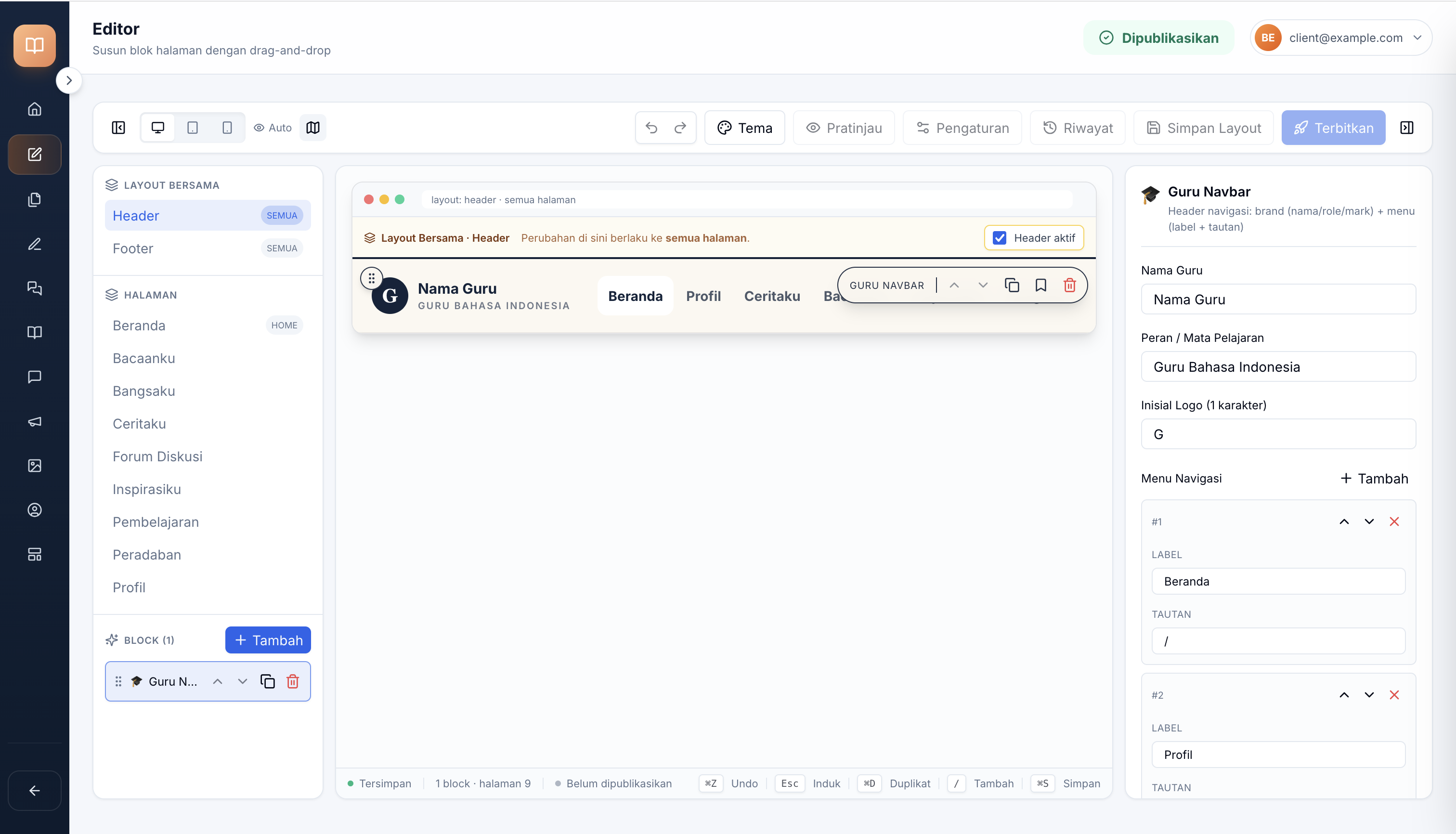 Mode Layout Bersama — canvas load header, strip amber dengan toggle aktif