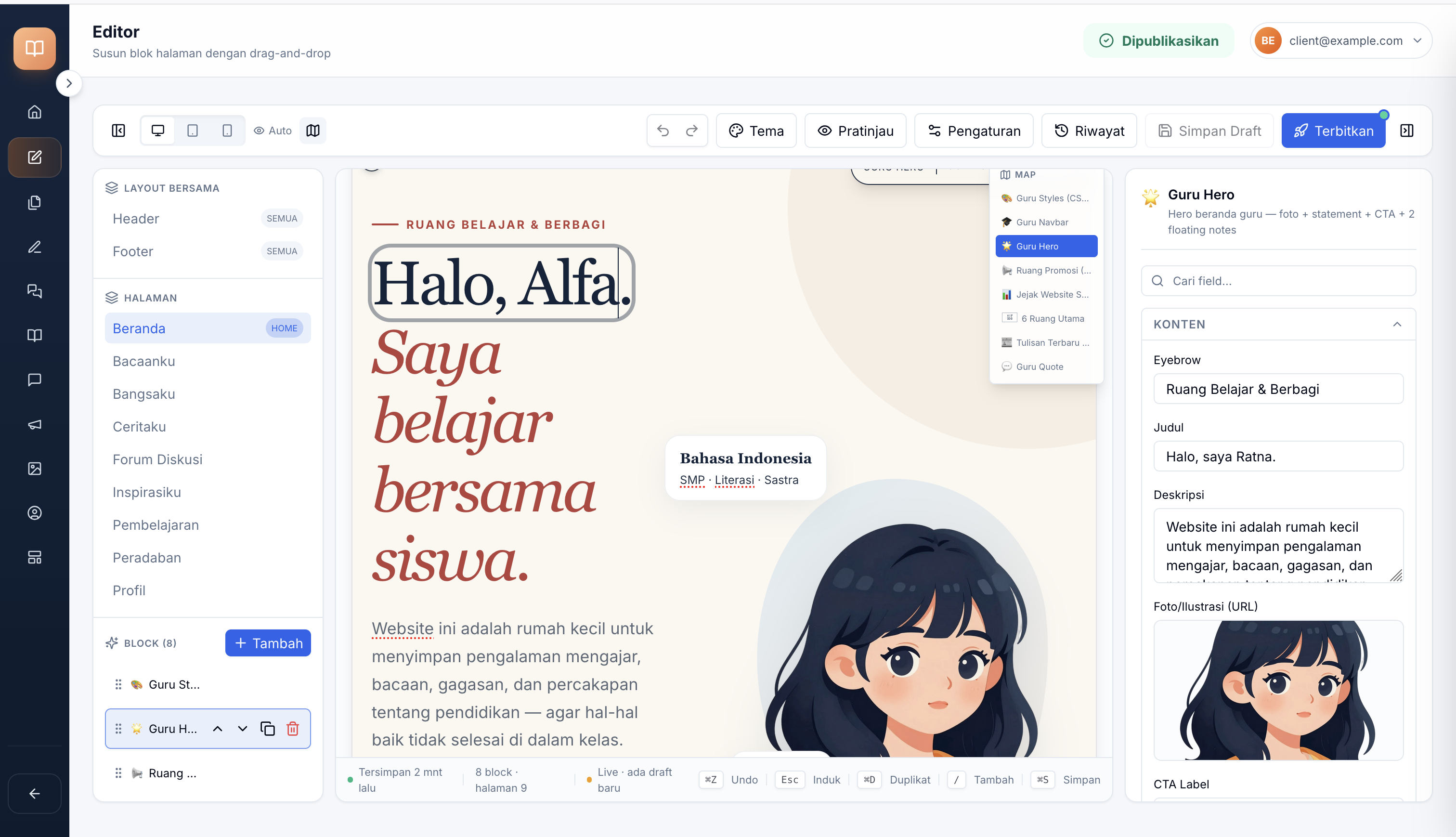 Inline micro-edit — klik text di canvas langsung bisa edit tanpa buka panel