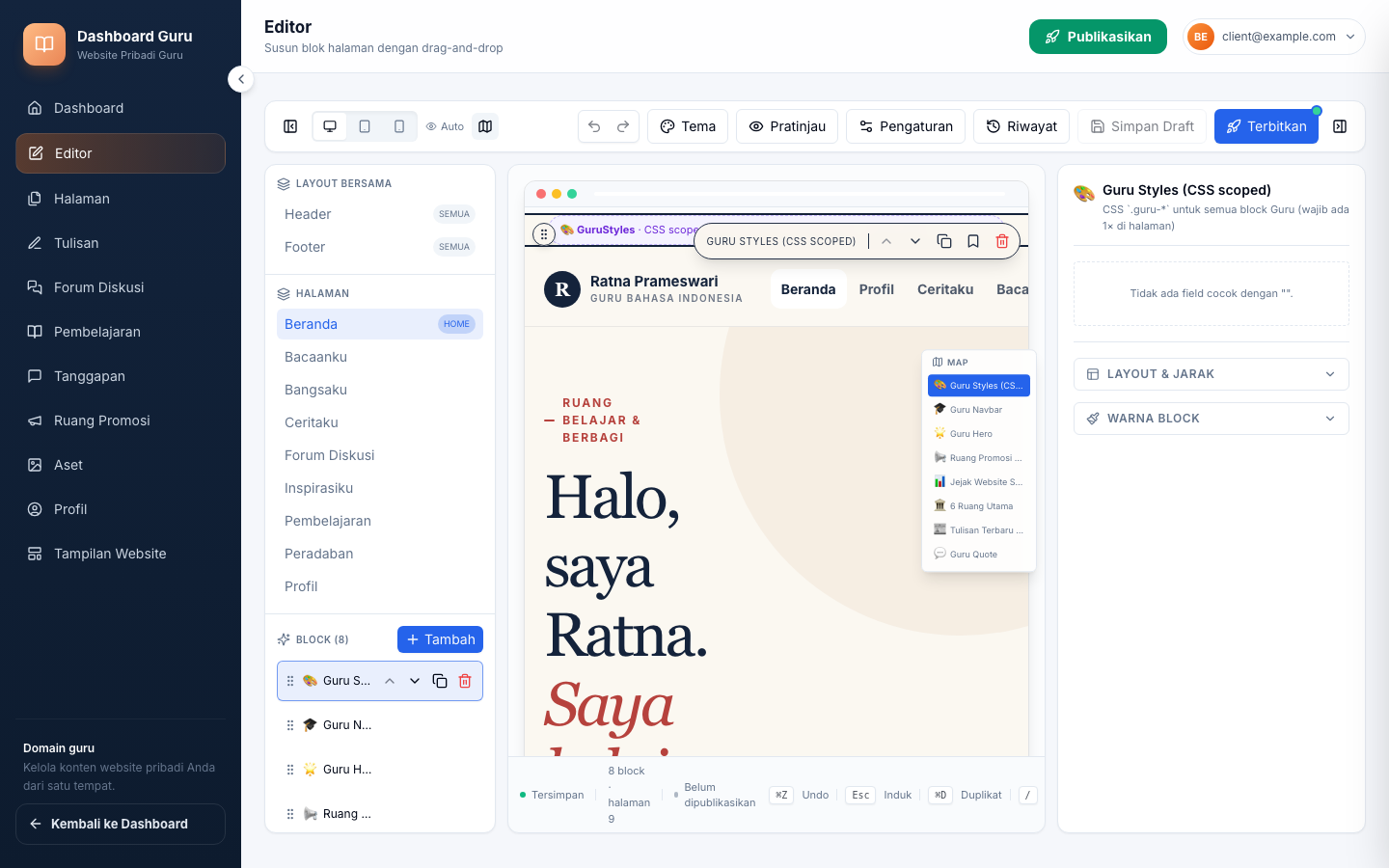 Editor 3-kolom: sidebar kiri, canvas tengah, panel kanan