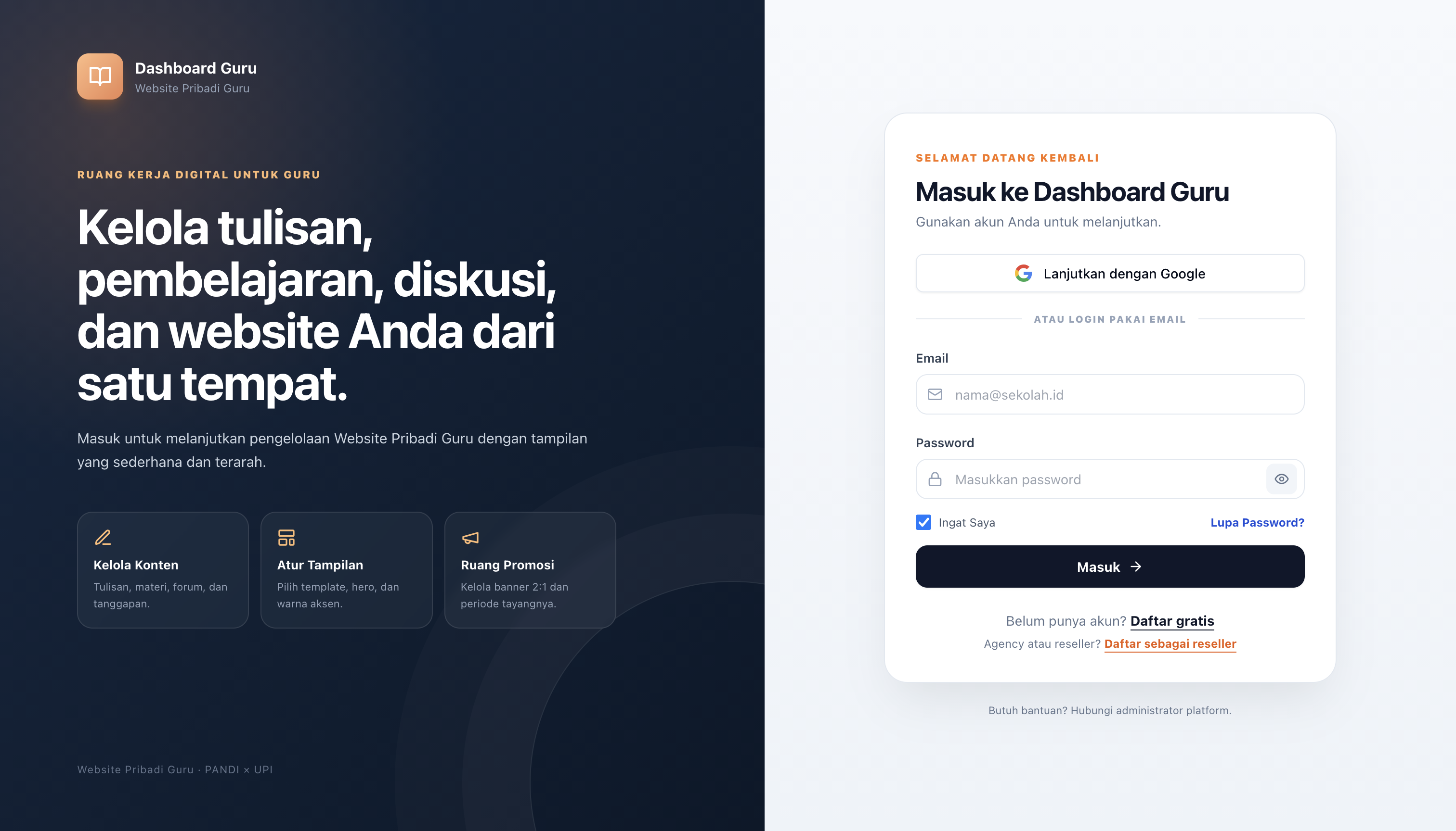 Halaman Login — email + password + tombol Masuk