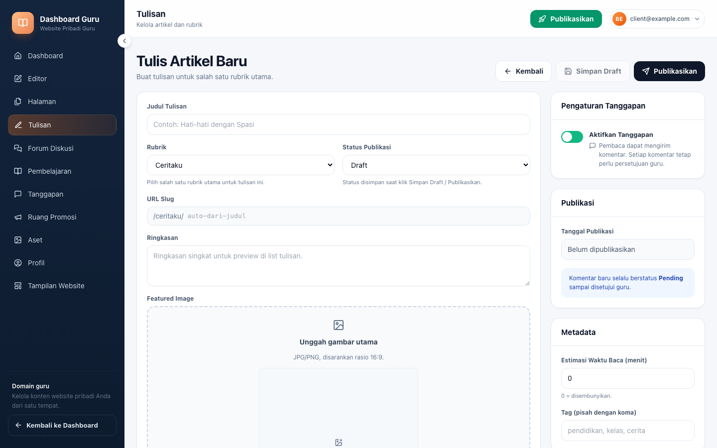 Toolbar Rich Editor lengkap — format text, insert, undo/redo