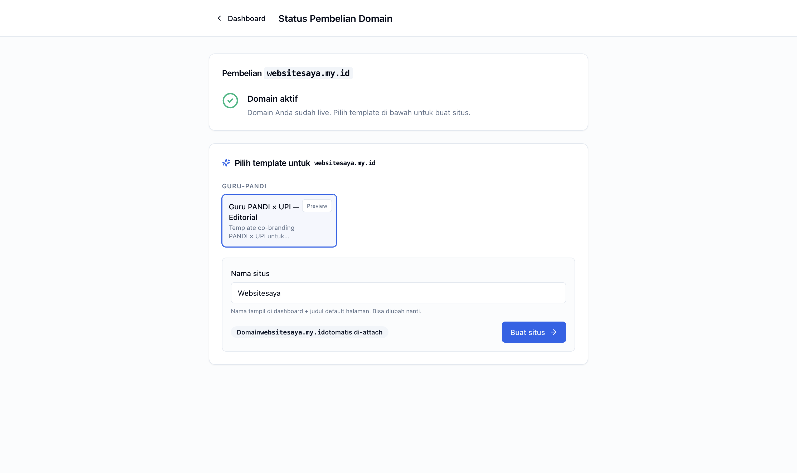 Template picker — kartu template Guru PANDI × UPI ter-highlight