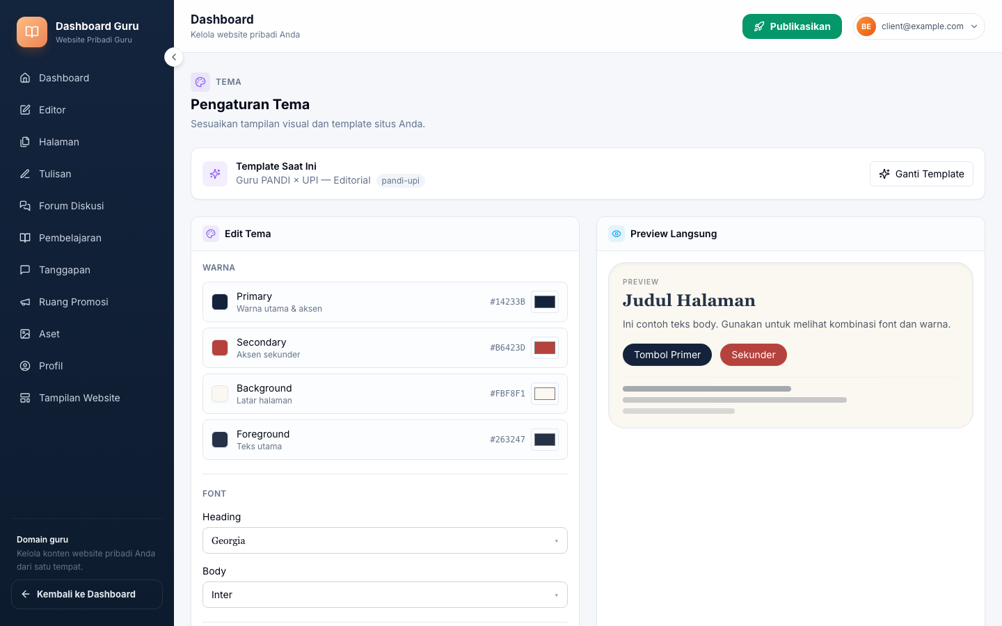 Drawer tema — color picker + font selector Google Fonts