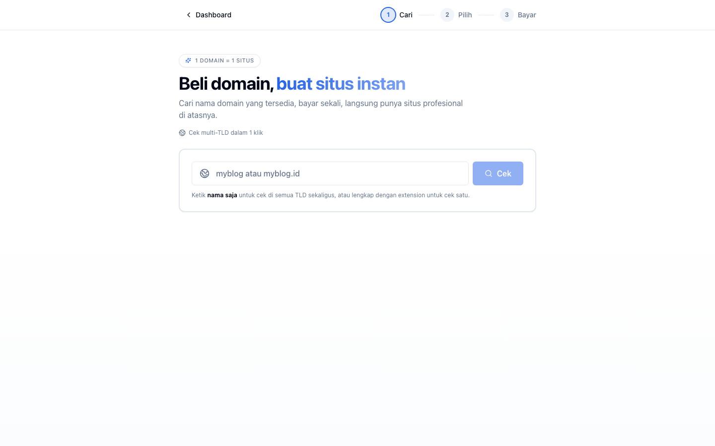 Wizard search domain — kolom pencarian + daftar TLD dengan harga