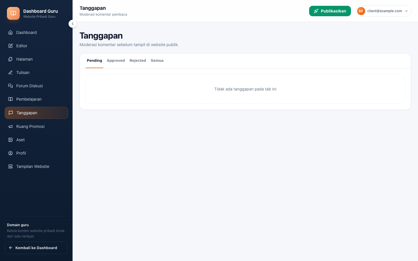Halaman Tanggapan — tabs filter + card feed + tombol moderasi